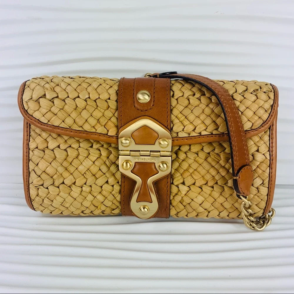Michael Kors Tan Woven Straw Shoulder Bag with Gold Hardware